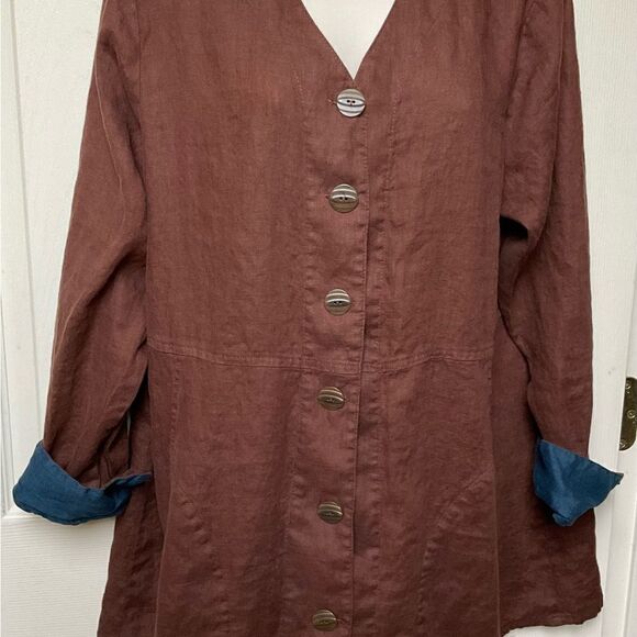 FLAX Designs Linen Jacket Brown‎ Contrast Cuff M - Picture 4 of 16